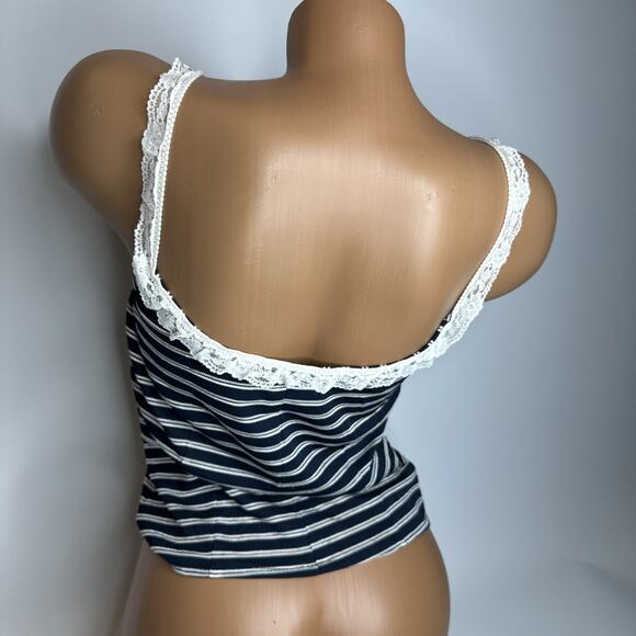 Gloria Caram Y2K Stripe Lace Tank Top S Navy Coquette England Eurocore Cute - Picture 2 of 13